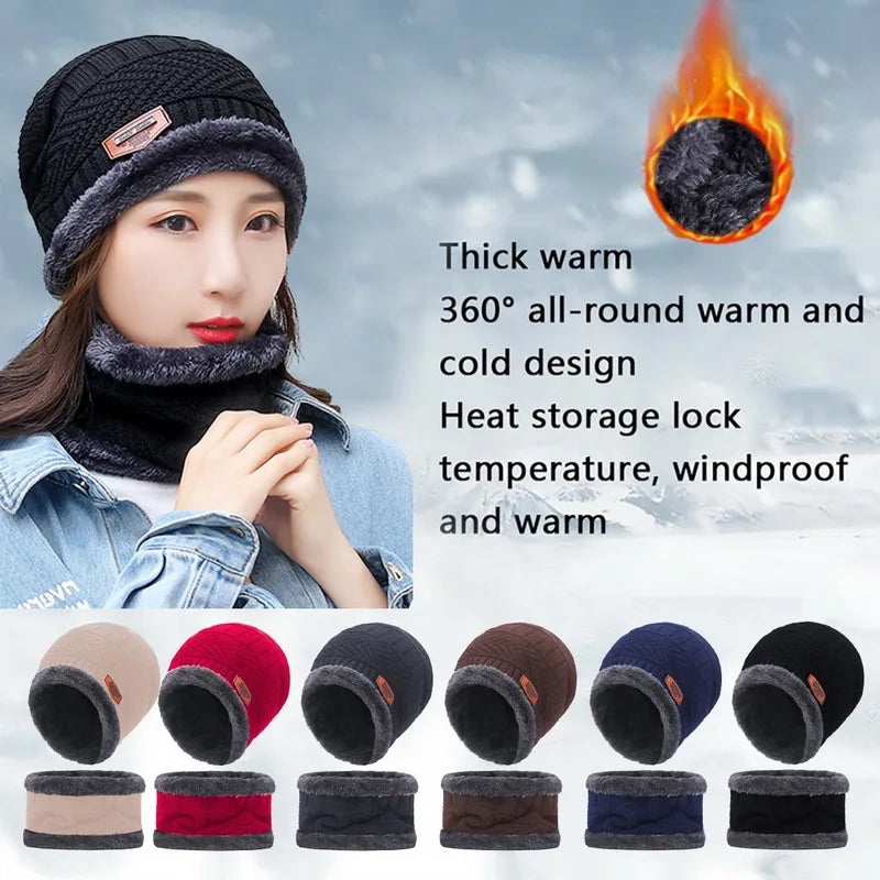 Winter Hat For Men Fleece Scarf Women Neck Leather Knitted Cap Thick Wool Neck Warmer Balaclava Ski Mask Skullies Beanies