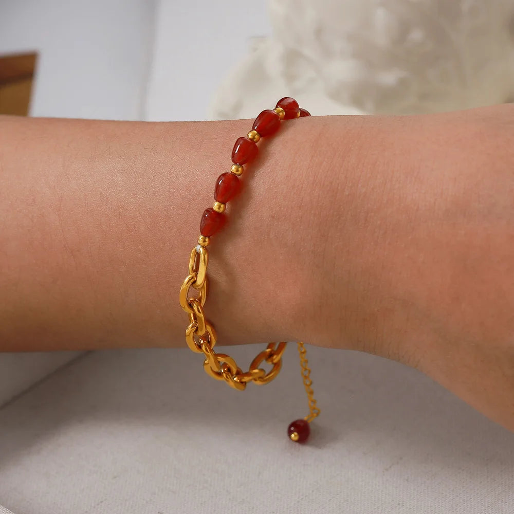 Gorgeous Necklace Bracelet Set for Women Stainless Steel Red Agate Gold Plated Designer Fashion Charm Jewelry