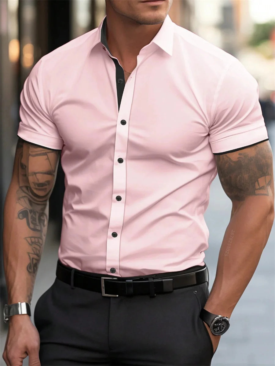Men's short-sleeved shirts for casual daily wear. Large men's summer slim, light, elastic and iron-free business shirts
