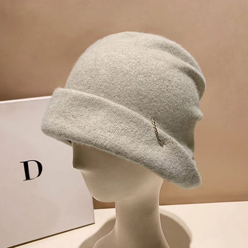 Winter Hat for Women Soft Warm Wool Cap Adjustable Ladies Beanie Cloche Bucket Hat Crushable Ski Hat Upturn Brim Church Hat