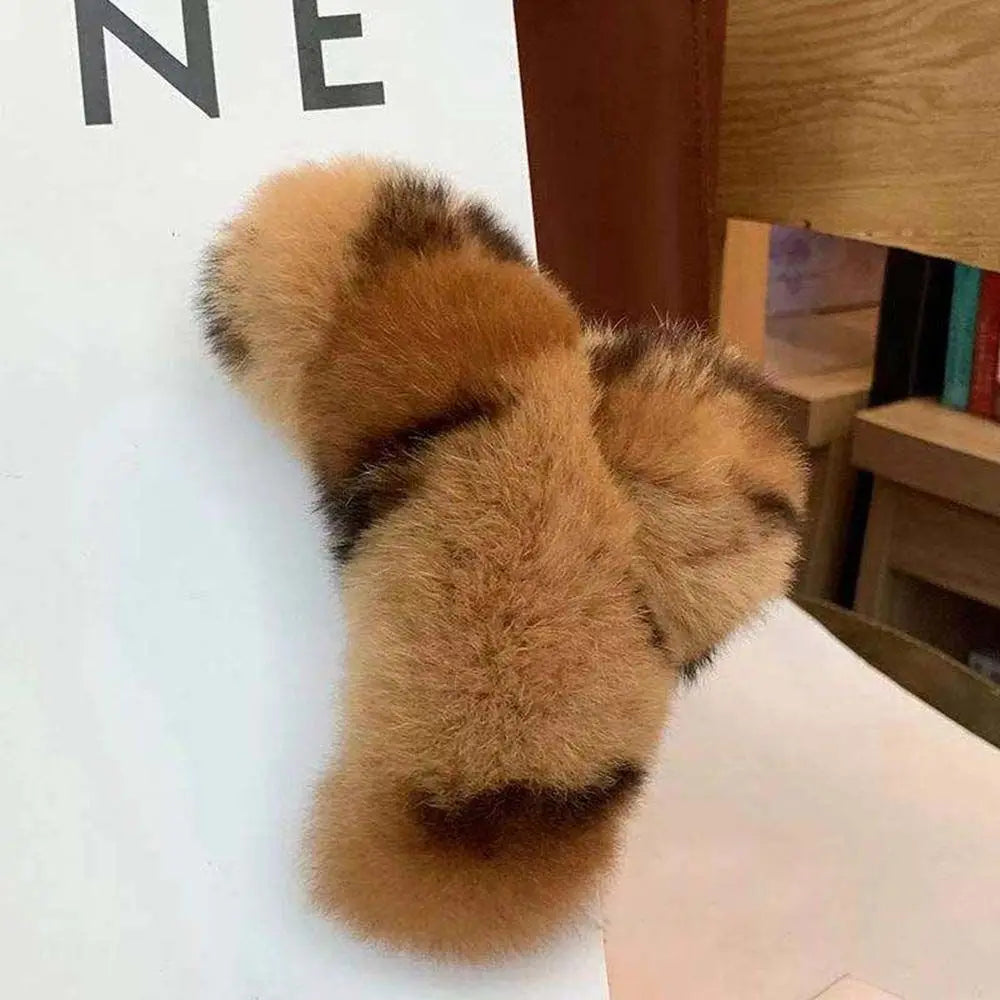 Autumn Winter Headwear Pure Color Rabbit Fur Female Hair Accessories Korean Style Hair Clip Leopard Grasp Clip Plush Hair Claw