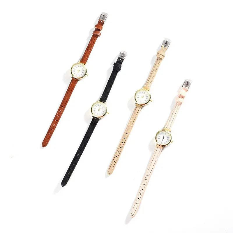 Women Brown White Small Round Watches Versatile Thin Strap Leather Band Ladies Quartz Watch Wristwatch Clock Reloj Mujer
