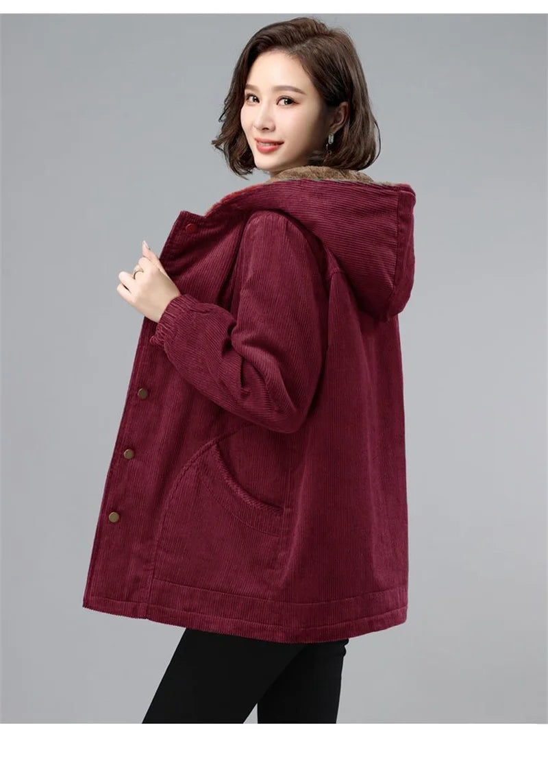 Women Corduroy Jackets 2025 New Autumn Winter Solid Loose Coat Female Casual Middle-Aged Plus Velvet Warm Hooded Ladies Overcoat