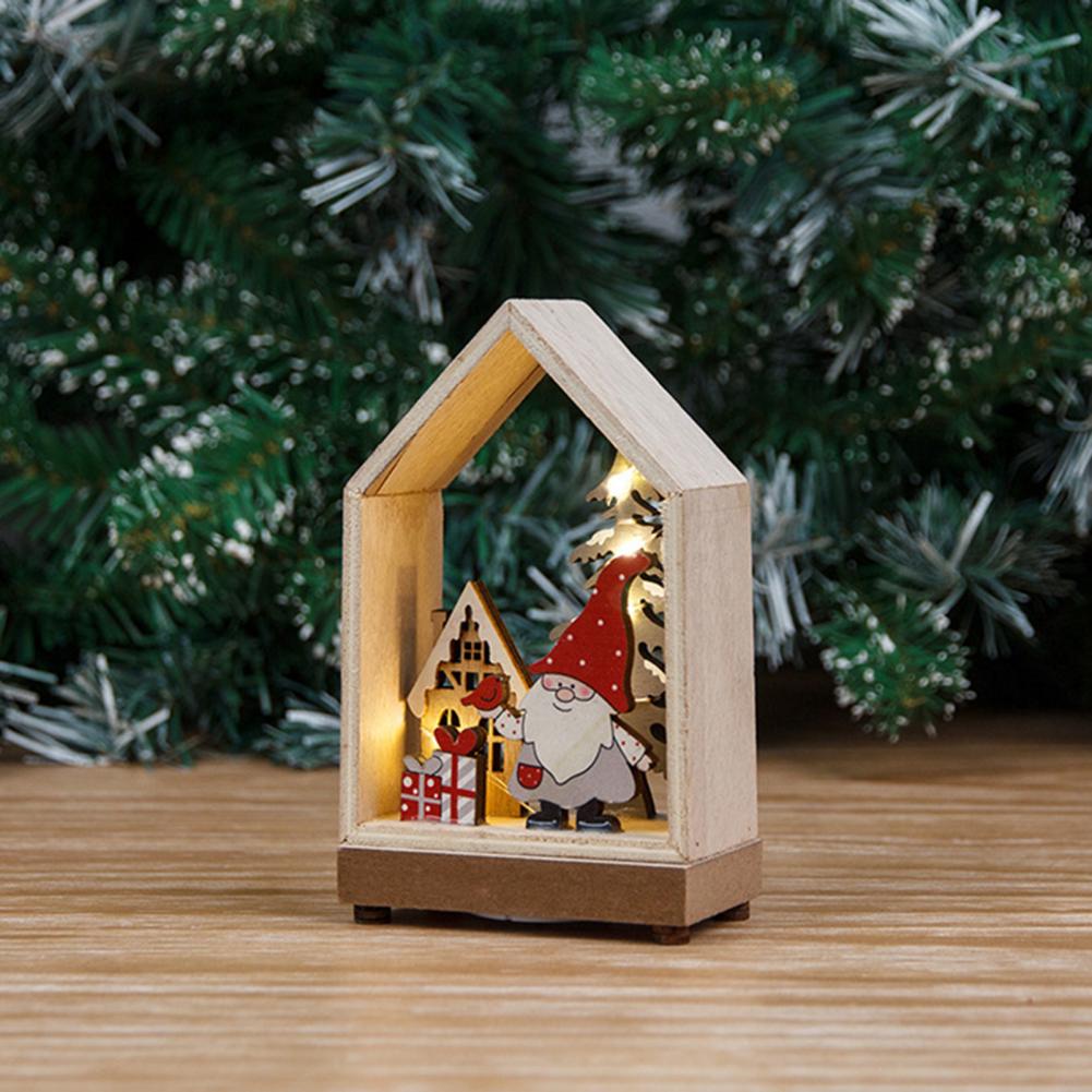 Christmas Ornaments Xmas LED Wooden House Glowing Santa Claus Wooden House Ornament For Party Home Desktop Decor