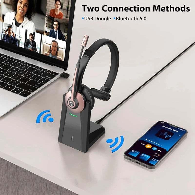 Wireless Headset, Bluetooth Headset With Noise Canceling Microphone, Wireless Headset With USB Dongle For Home Office