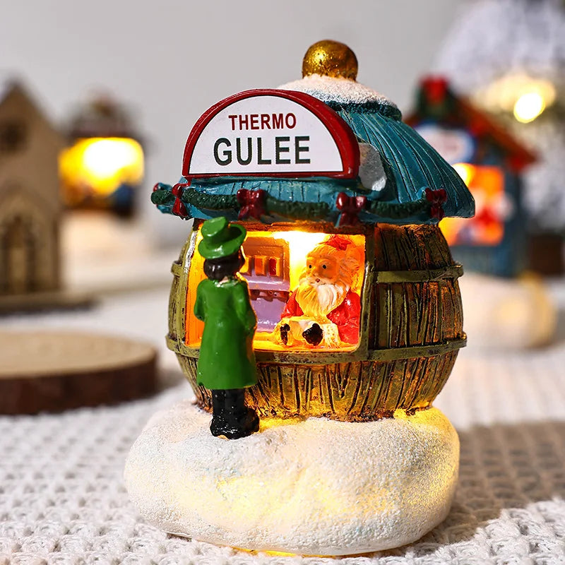 Christmas Decorations Resin Miniature LED Lights Small House Landscape Santa Claus Christmas Figurines Home Table Decor Items