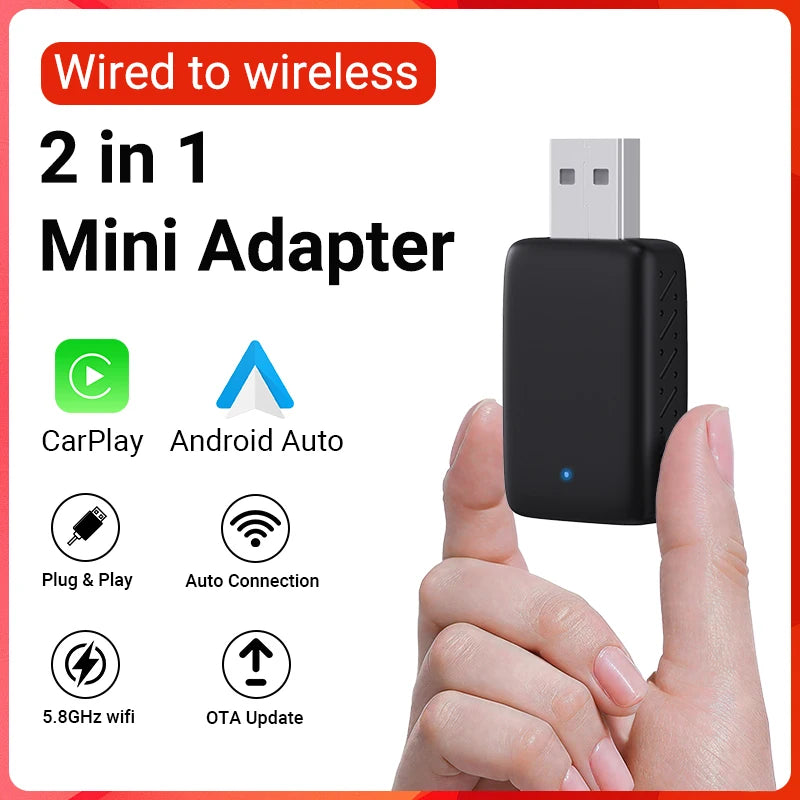 New Wired to Wireless CarPlay and Android Auto 2 in 1 Mini Adapter 5GHz WiFi5 for 99% Original Wired CarPlay/Auto Cars