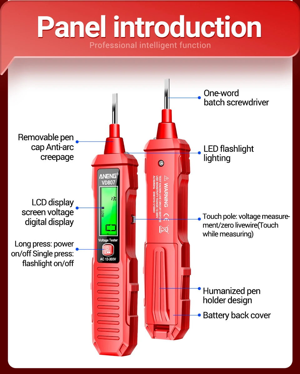 ANENG VD807 One-word Induction Portable 50/60Hz Smart Electric Pen Tester NCV Sensor AC 12-300V Non-contact Wire Detector Tools