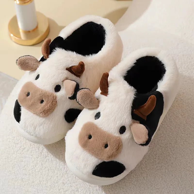 Winter Home Slippers for Couples Warm Plush Neutral Cartoon Cow Indoor Anti Slip Comfortable Cotton Slippers for Men and Women
