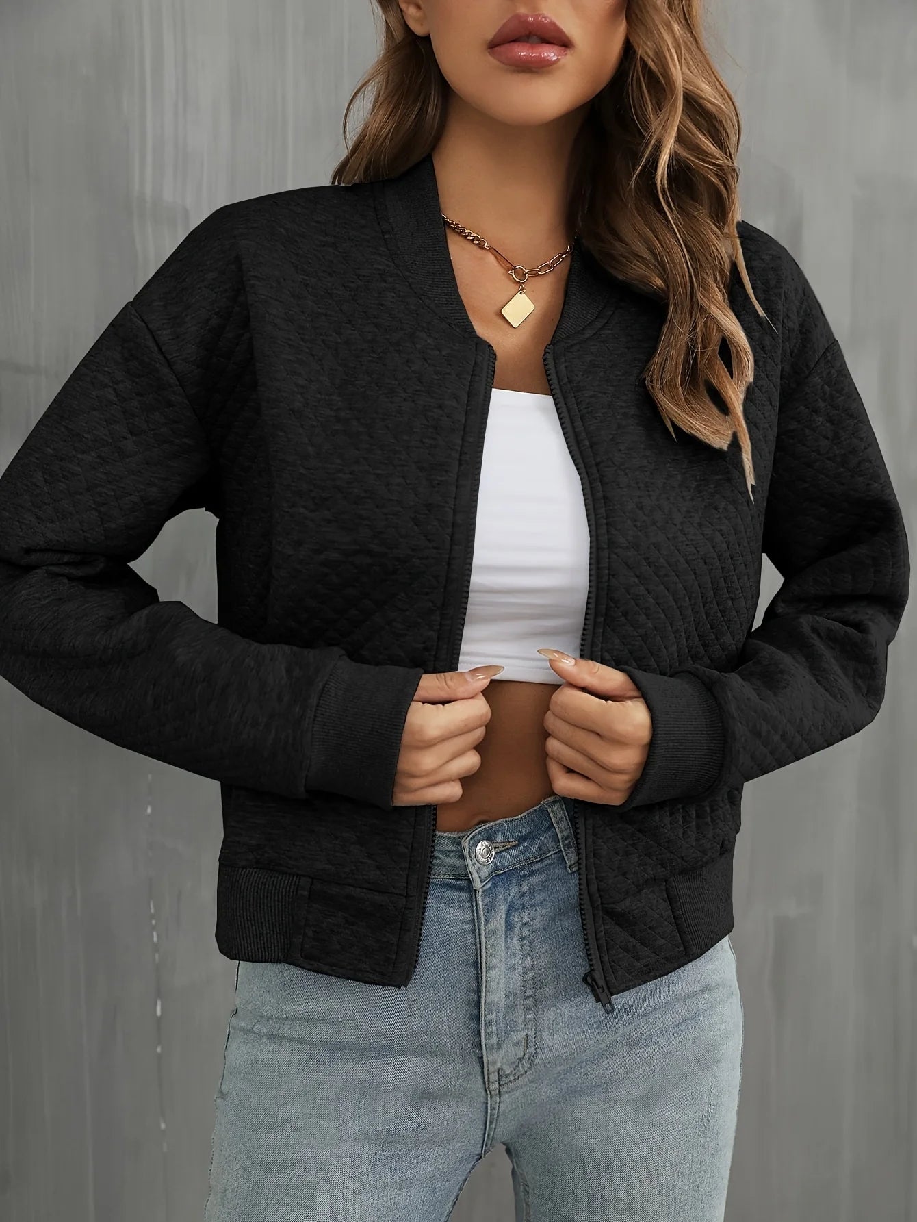 Women's Black Quilted Cropped Bomber Jacket - Fall Winter New Arrival Casual Daily Outerwear