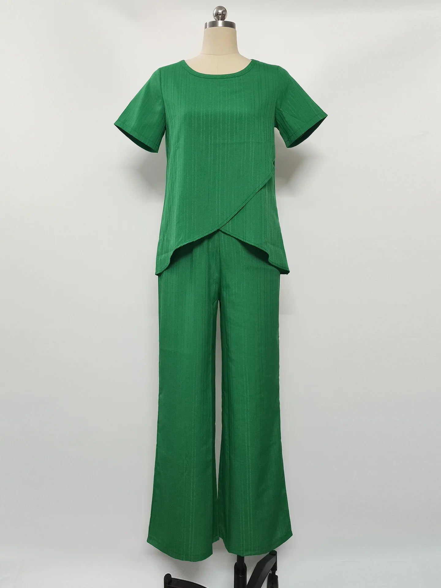 Casual Solid Suit Women 2025 Fashion Round Neck Short Sleeve Irregular Split Top Elastic Waist Trousers Two Piece Set