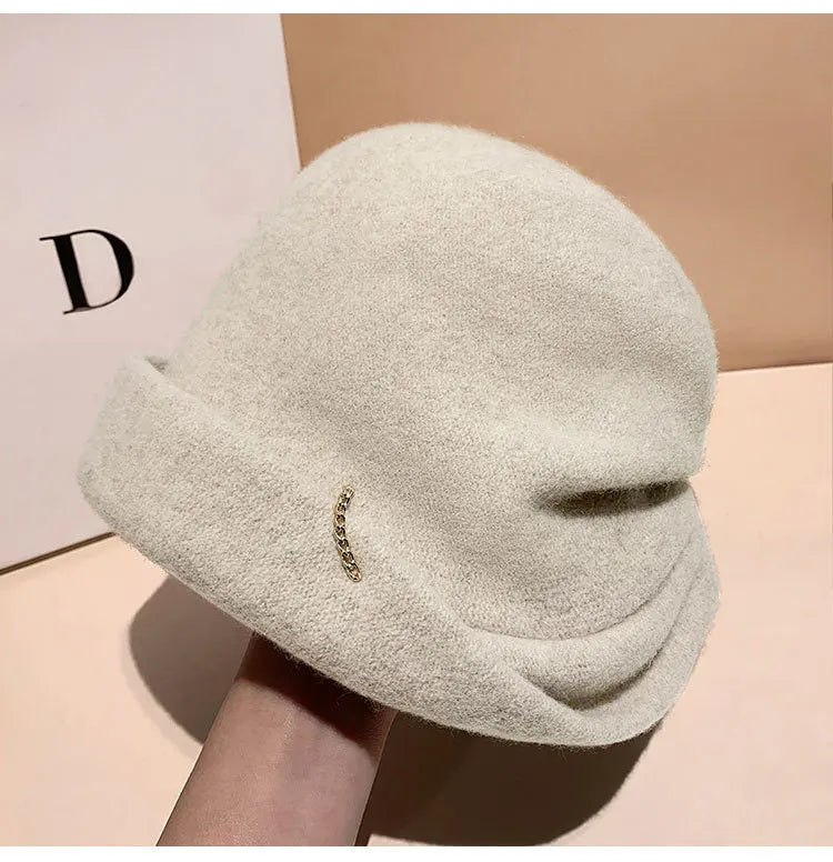 Winter Hat for Women Soft Warm Wool Cap Adjustable Ladies Beanie Cloche Bucket Hat Crushable Ski Hat Upturn Brim Church Hat