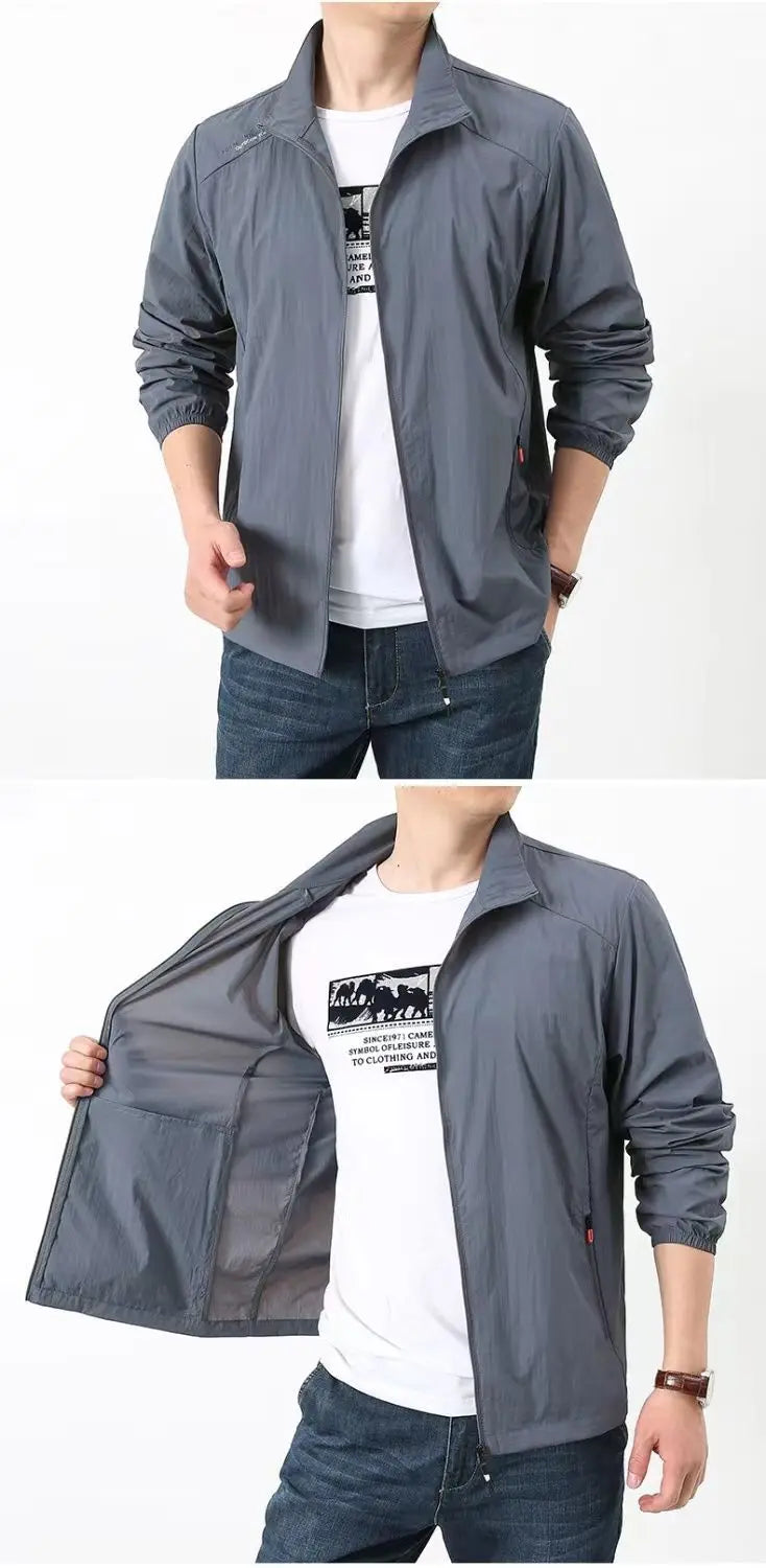 New Fashion Quick Drying Breathable Jacket for Man Loose Casual Stand Collar Coats Pocket Solid Outwears Sports Men's Clothing