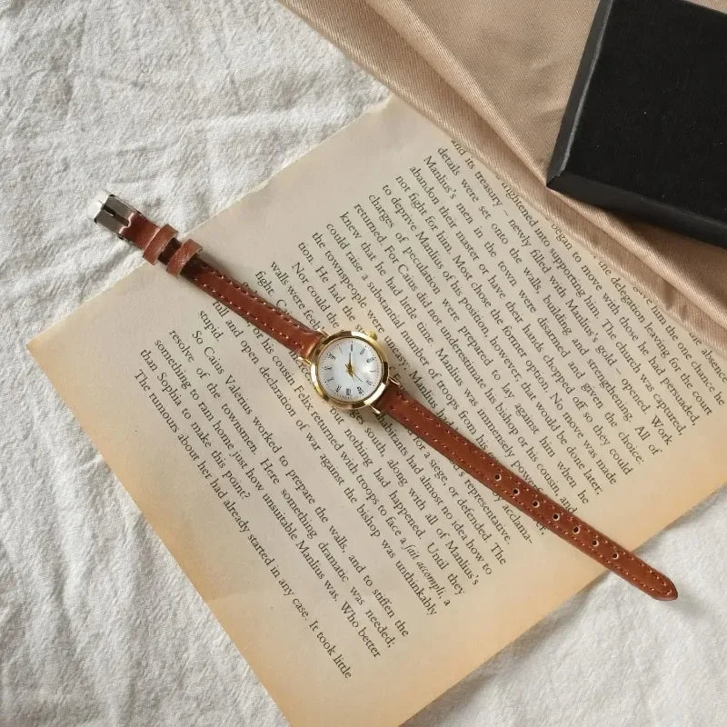 Women Brown White Small Round Watches Versatile Thin Strap Leather Band Ladies Quartz Watch Wristwatch Clock Reloj Mujer
