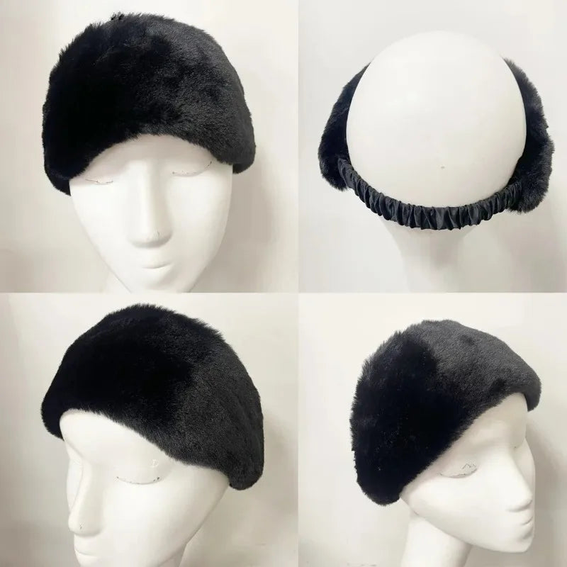Winter Wide Headband Rabbit Fur Hairband Elastic Windproof Warm Ear Protection Women Hair Accessory for Cold Weather Styling