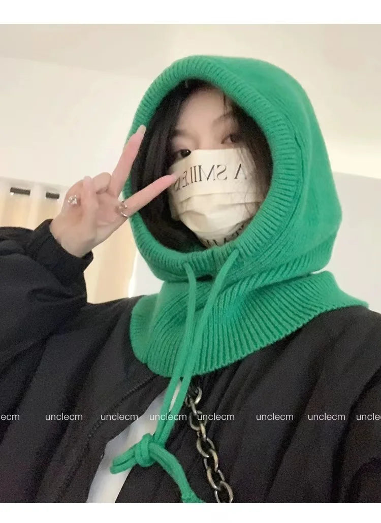 Winter Balaclava Hats For Men&Women Unisex Knitted Hooded Caps Outdoor Warmer Drawstring Hats One-Piece Neck Collar Beanies Cap