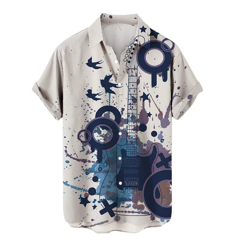 Shirts For Men Music Guitar Print Rock Hip Hop Tops Male Clothing Short Sleeve V-Neck Beach Ahloa Shirts Camisa Social Masculina
