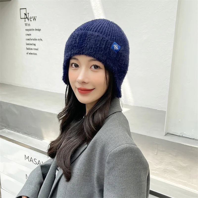 Winter Women Earflap caps Snowflake knitted hats Ear protection hats  Adult Ladies casual mohair beanie cap Gorros