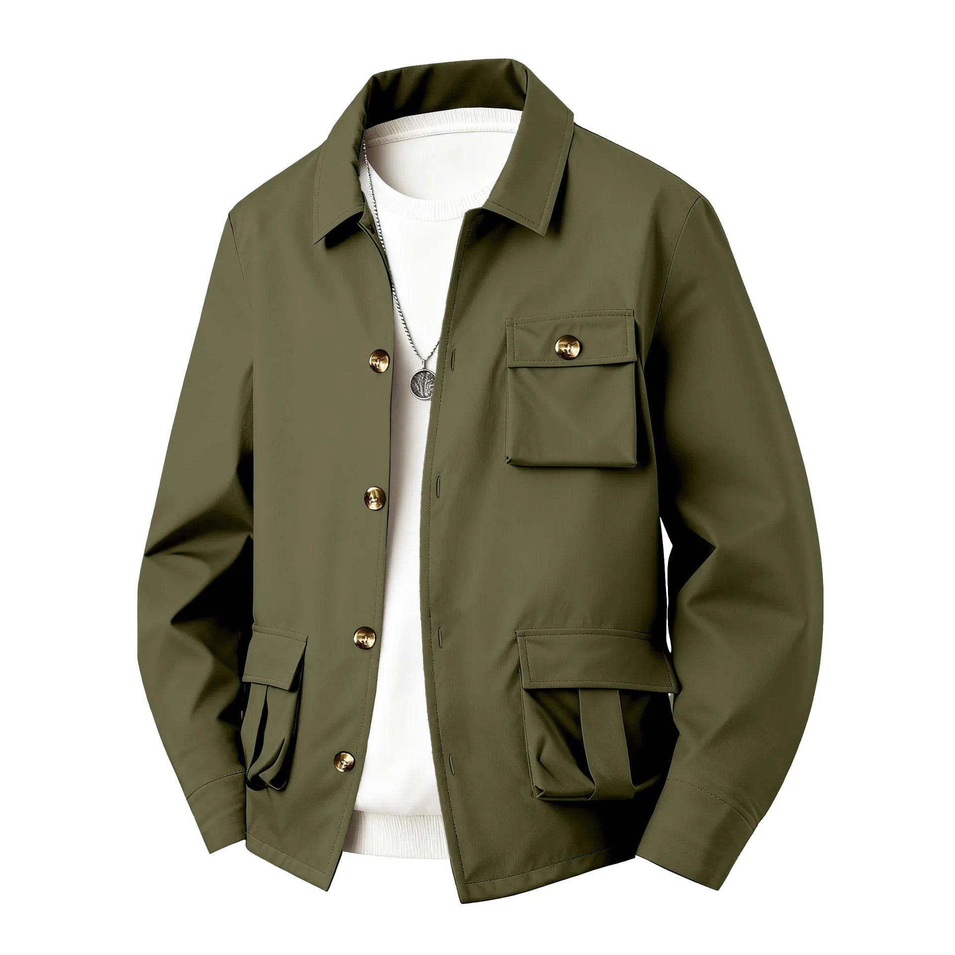 New men's coat - stylish and casual, with pocket buttons, collarless, simple solid color, winter jacket