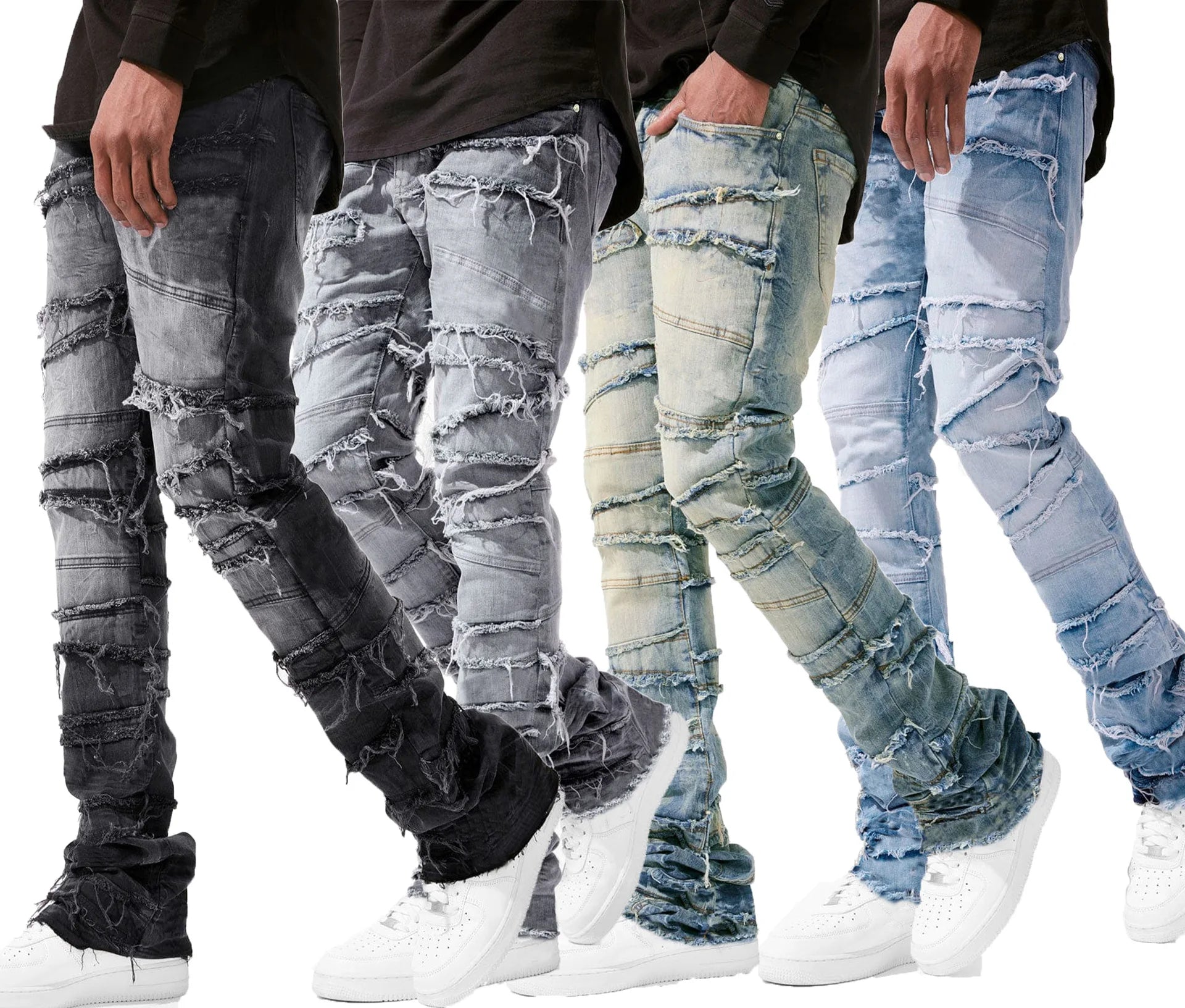 New Fashion Stretch Jeans Man Stacked Jeans Elastic Waist Straight Fit Patchworks Denim Long Pants Fringe Ripped Jeans For Men