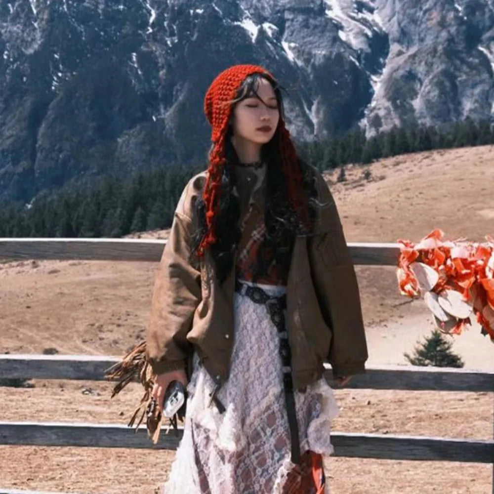 Winter Travel Red Hollow Knit Beanie with Tassel Tie Fashion Hat for Women Cold Weather Accessory