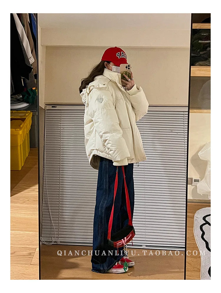 Women's Down Cotton Jacket Hooded Coat Winter Cotton Comfortable Thick Warm Love Embroidery Loose Jacket Snow Coat Clothing