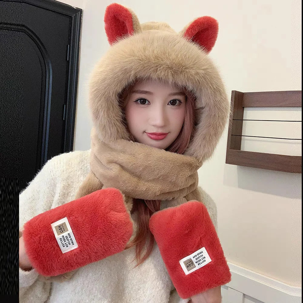 1 Pieces Winter Women's Warm Hat Three-piece Set Hat Scarf Gloves All-in-one Set Cute Cartoon Fashionable Versatile
