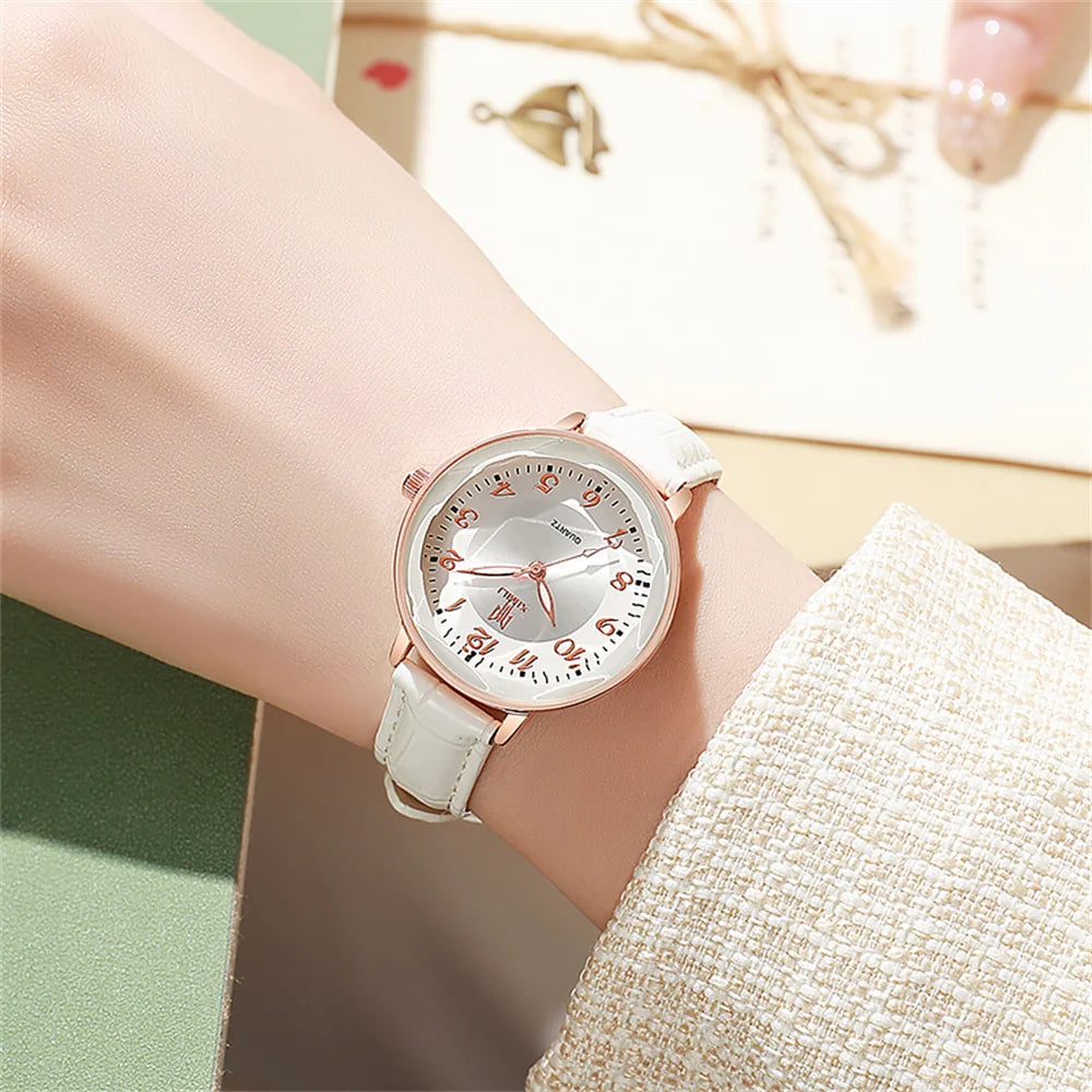 Women's Watch Simple Arabic Numerals Quartz Watch Fashionable Pink Leather Lady Business Clock Wristwatch