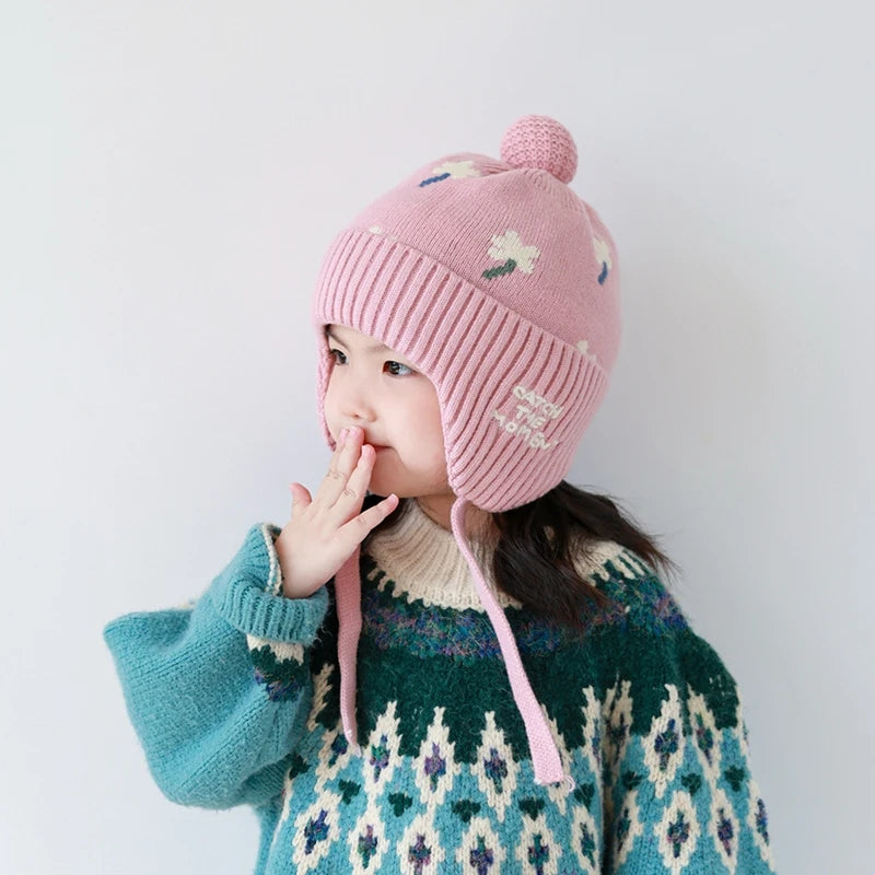 5 Colors Winter Girls Pink Hat Cute Ear Protection Cap Kids Warm Knitted Beanie Hats Outdoor Baby Headwear Accessories 2-8Y