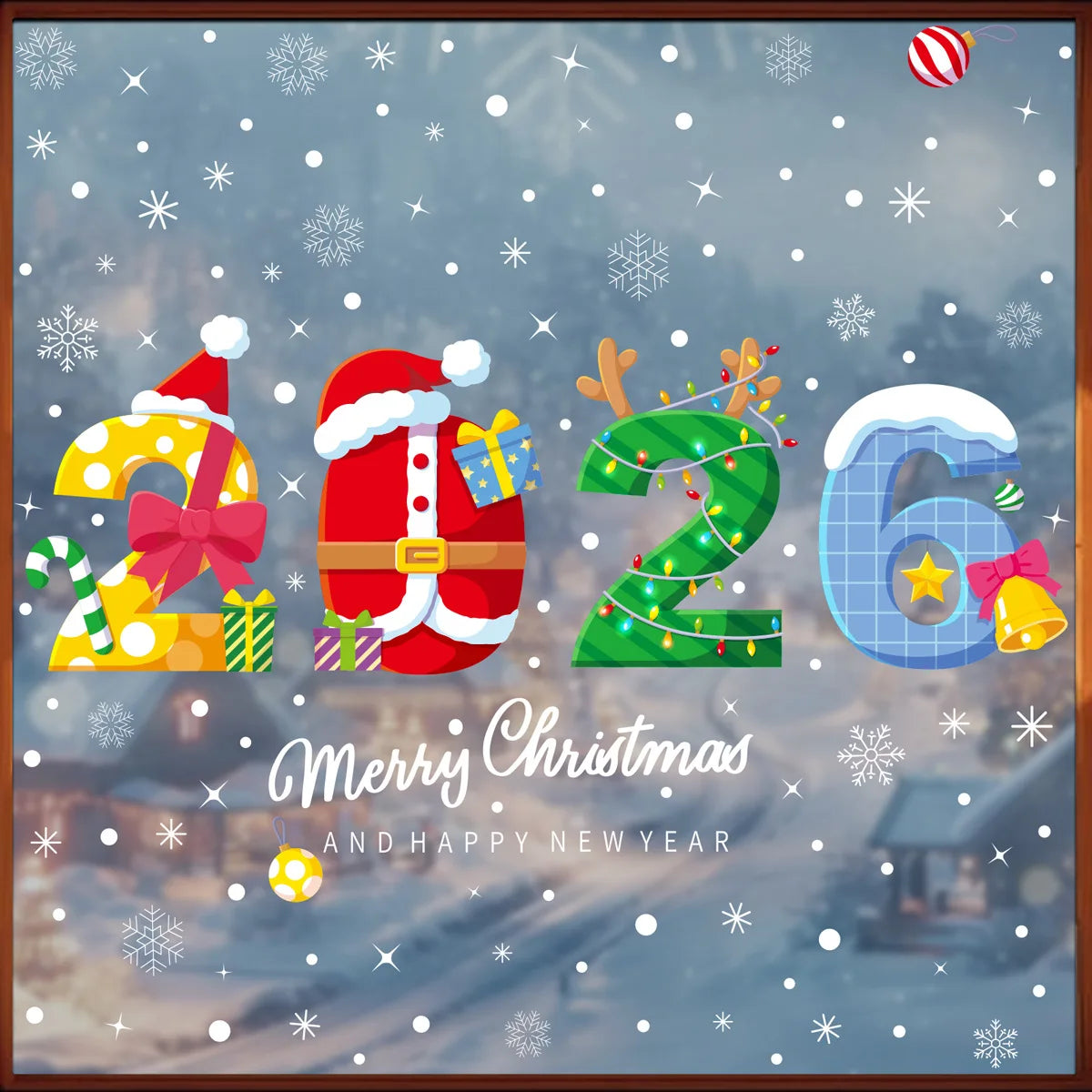 Christmas Glass Stickers Wooden House Pine Nut Sticker Glass Wall Decor Merry Christmas 2025 Stickers Happy New Year 2026