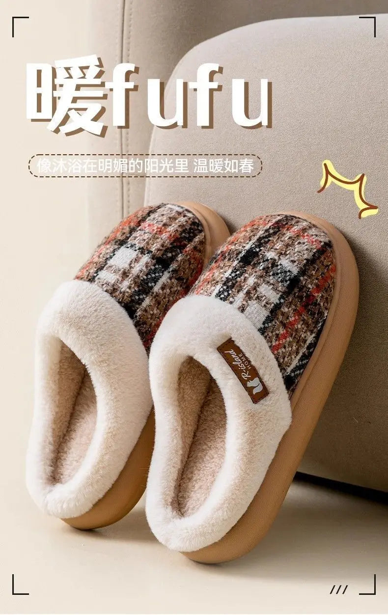 Winter Warm Slippers men for Women  grid House Non Slip Soft Shoes Comfort Flat Heel Home Indoor Bedroom Plush Slippers