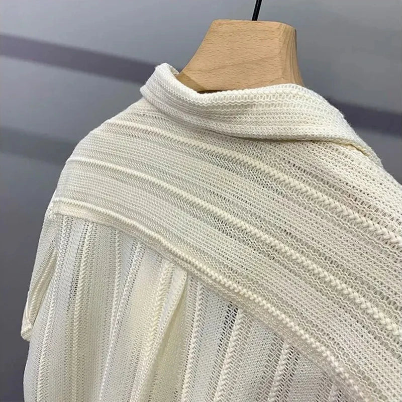 Men's Tops Hollow Short-sleeve Shirt Men Summer Thin Trendy Handsome French Light Luxury Drape Hawaiian Shirts