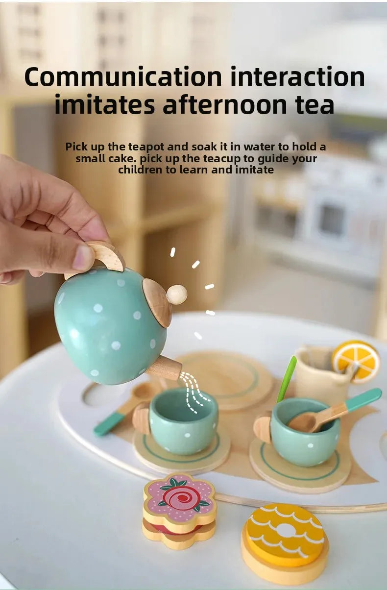 Kids Wooden Afternoon Tea Set Toys Kitchen Accessories Tea Party Food Play Early Educational Toys for Toddlers Girls Boys Gifts