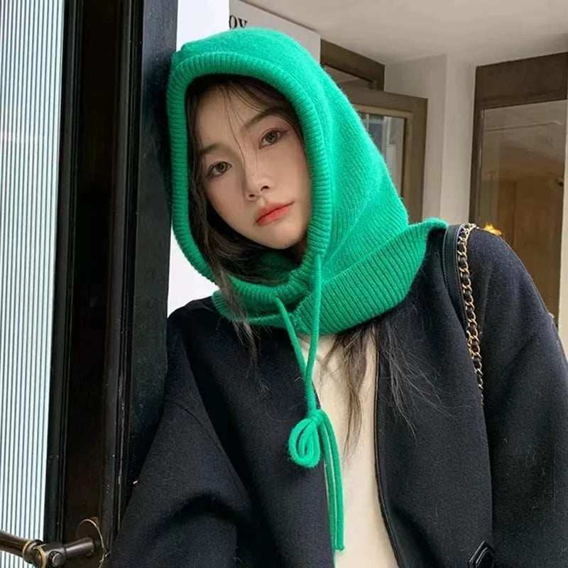 Winter Balaclava Hats For Men&Women Unisex Knitted Hooded Caps Outdoor Warmer Drawstring Hats One-Piece Neck Collar Beanies Cap