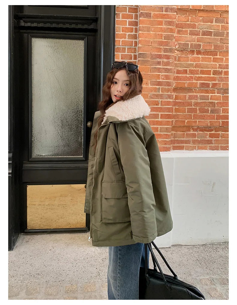 Women Parkas Short Coats Jackets Turn Down Collar Thick Warm Y2k Streetwear Elegant Jacket Work Coat Autumn Winter 2025