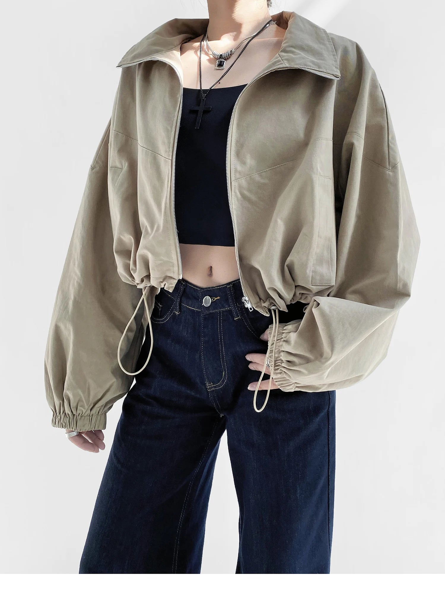 Women's Cropped Utility Jacket - Drop Shoulder Drawstring Hem Ribbed Cuffs Lightweight Cotton