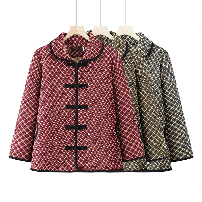 Fleece Jacket For Women checkered Cotton Coat Middle-Aged And Elderly Mothers Thick Winter Outerwear Plus Size Ladies