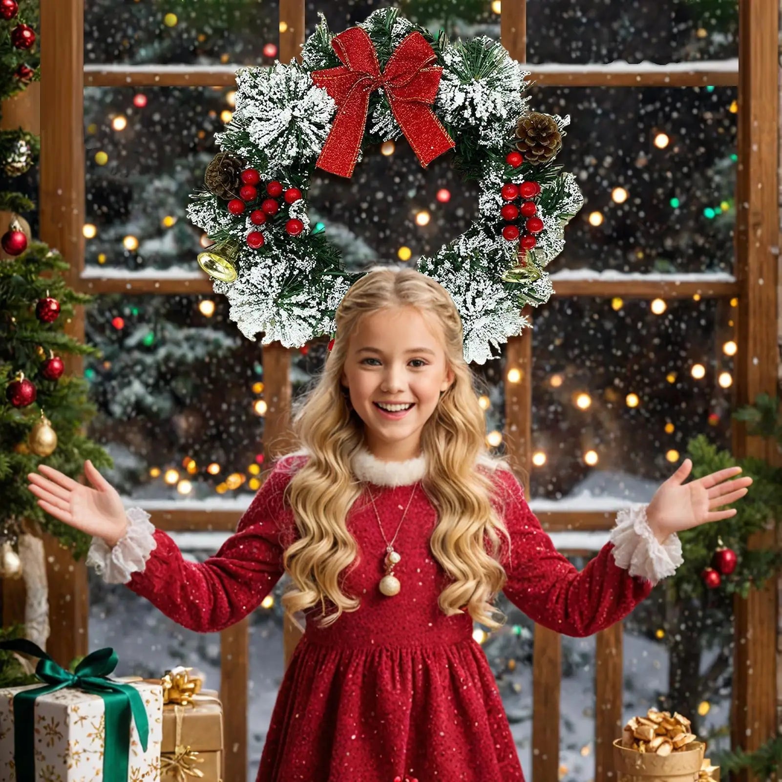 Christmas Wreath 30cm Holiday Decor with Berries Bow Bells Artificial Greenery Garland for Door Window Wall Christmas Decoration