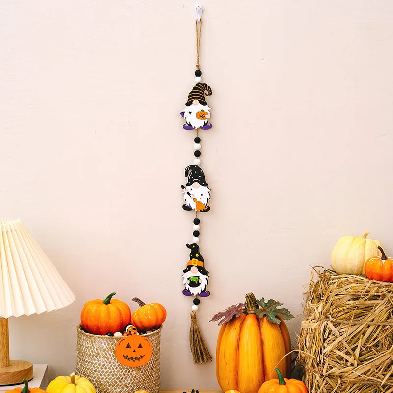Halloween Wooden Hanging Decorative Ghost Festival Atmosphere Decorations Beaded Witch Pumpkin Bat Pendant Home Party Supplies