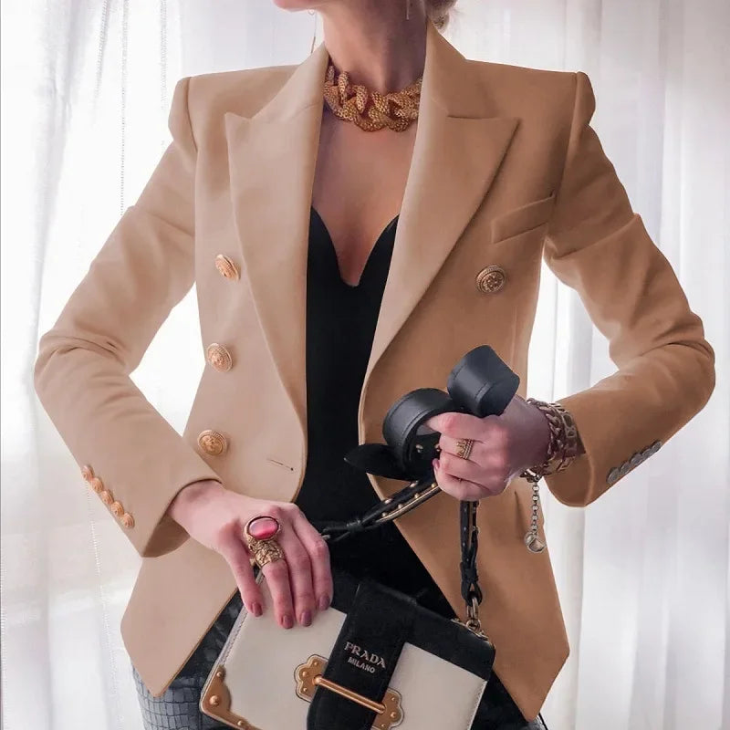 women suits jacket Women's Notched Lapel Double Breasted Blazer Suit Long Sleeve Buttons Casual Work Office Jacket Blazers
