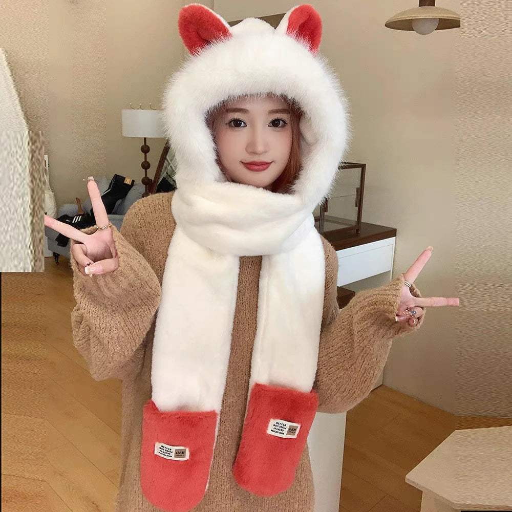 1 Pieces Winter Women's Warm Hat Three-piece Set Hat Scarf Gloves All-in-one Set Cute Cartoon Fashionable Versatile