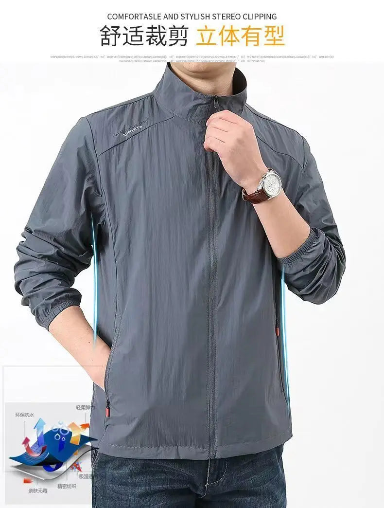 New Fashion Quick Drying Breathable Jacket for Man Loose Casual Stand Collar Coats Pocket Solid Outwears Sports Men's Clothing