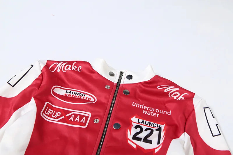 Women Fashion Hipster Pu Leather Jacket Y2K Letter Printed Hipster Motorcycle Jackets Spring Autumn Single-Breasted Casual Coat