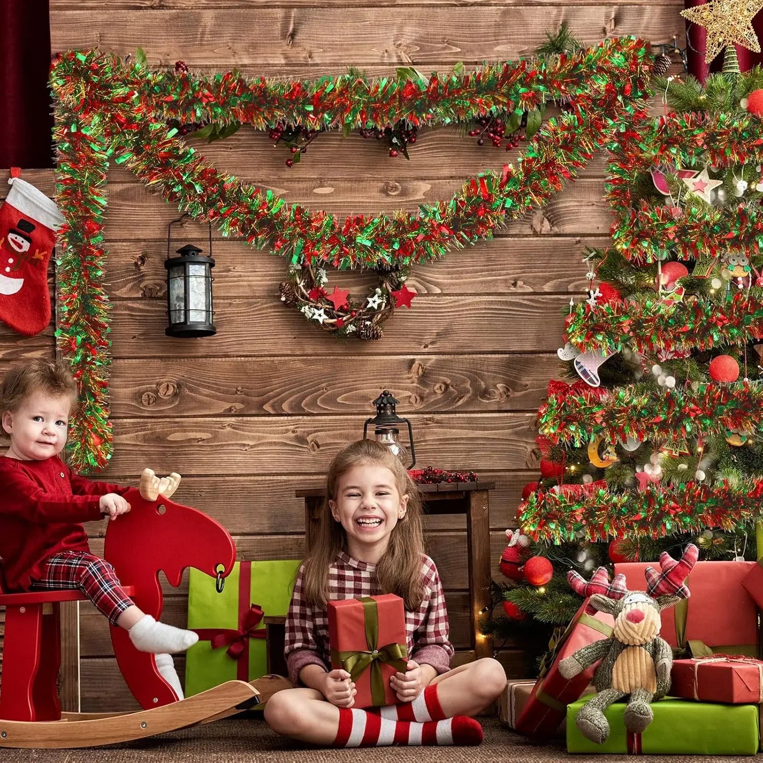 Christmas Tinsel Garlands Decoration Bar Tops Red Green Wreath Xmas Tree Ornaments Party Home Staircase Decor Pendant Prop