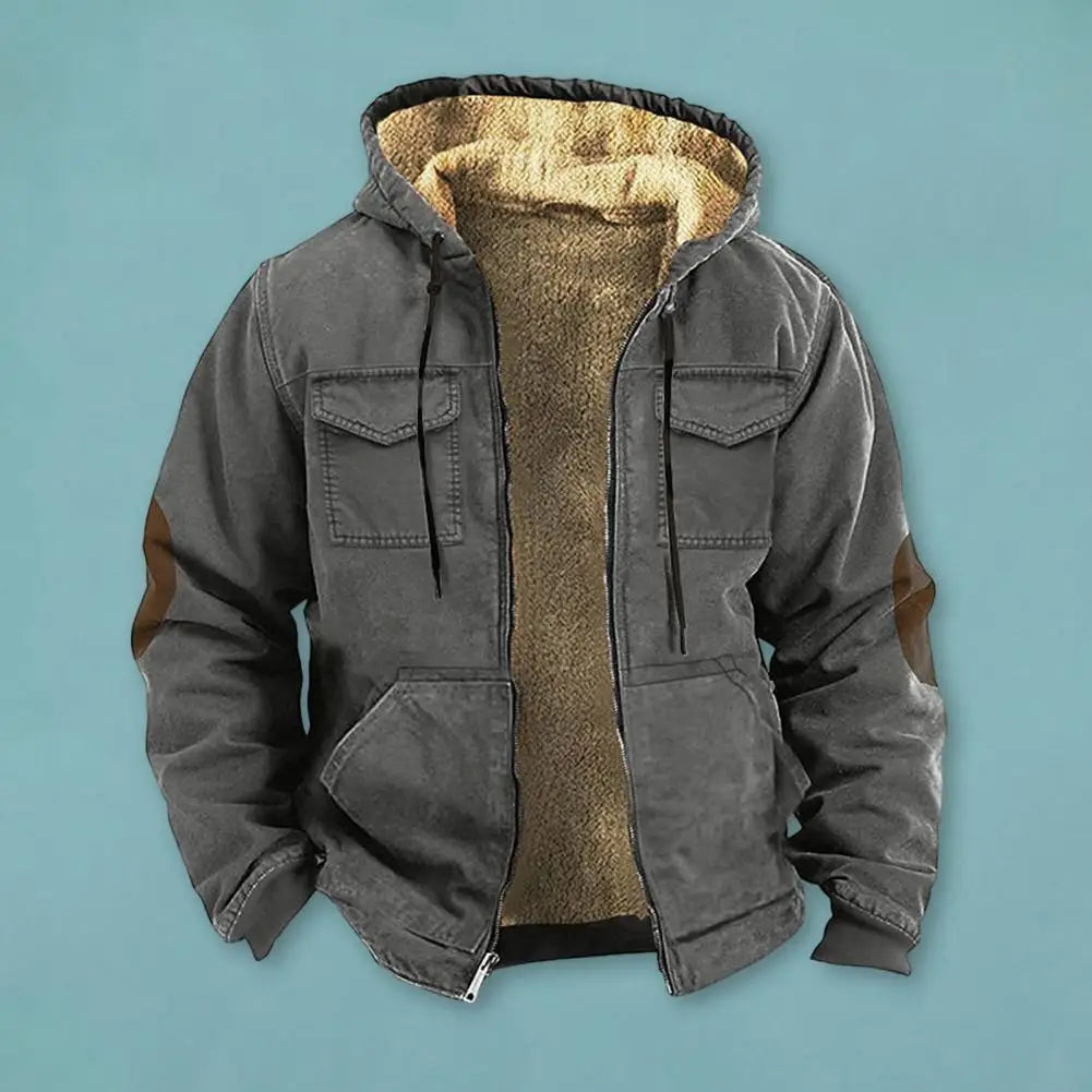 Men Thermal Jacket Hooded Drawstring Long Sleeve Solid Color Jacket With Pockets Zipper Closure Plush Lining Sporty Coat