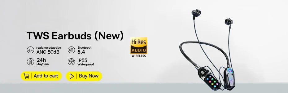 Bluetooth 5.4 Earphones with HD Screen Wireless Headsets Neckband Headphones HiFi Stereo Noise Reduction Earbuds for Live