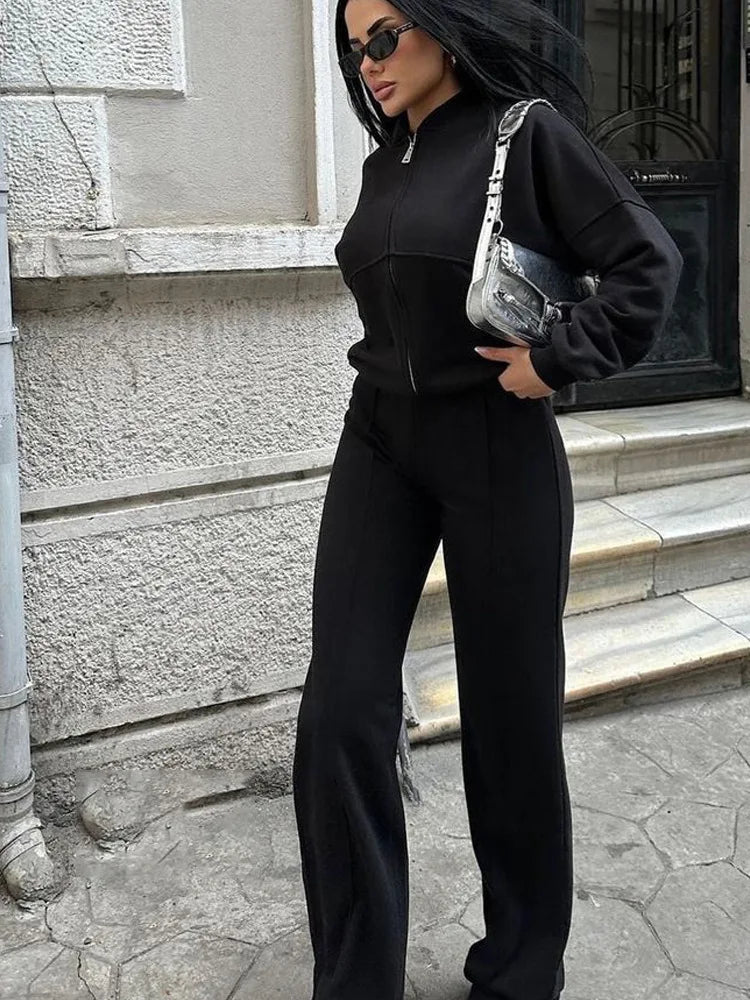 Women Sweatsuit Set Vintage O-neck Zipper Bomber Jackets High Waist Loose Pants Suit Female 2025 Spring Fashion Lady Sportswear