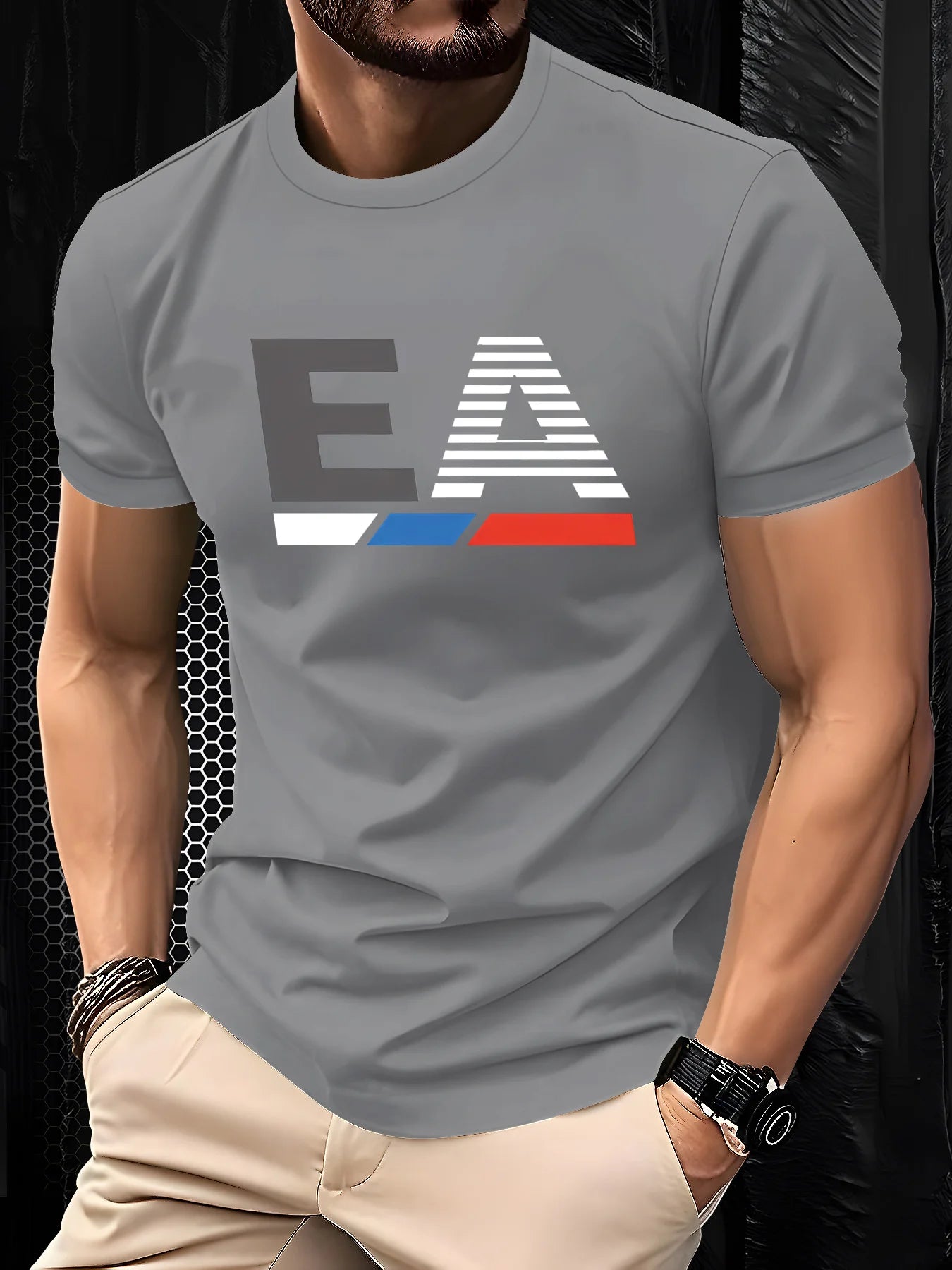 Men's Graphic T-Shirt - Breathable Soft Polyester Tee with Bold EA Logo, Lightweight Summer Shirt for Gym, Office, Casual Attire