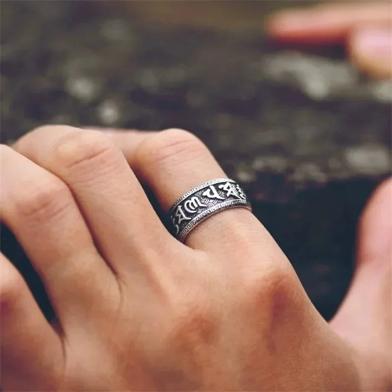 925 Silver Ring Male Finger Accessories Personality Retro Buddhist Scripture Mantra Om Mani Padme Hum Ring For Men Adjustable