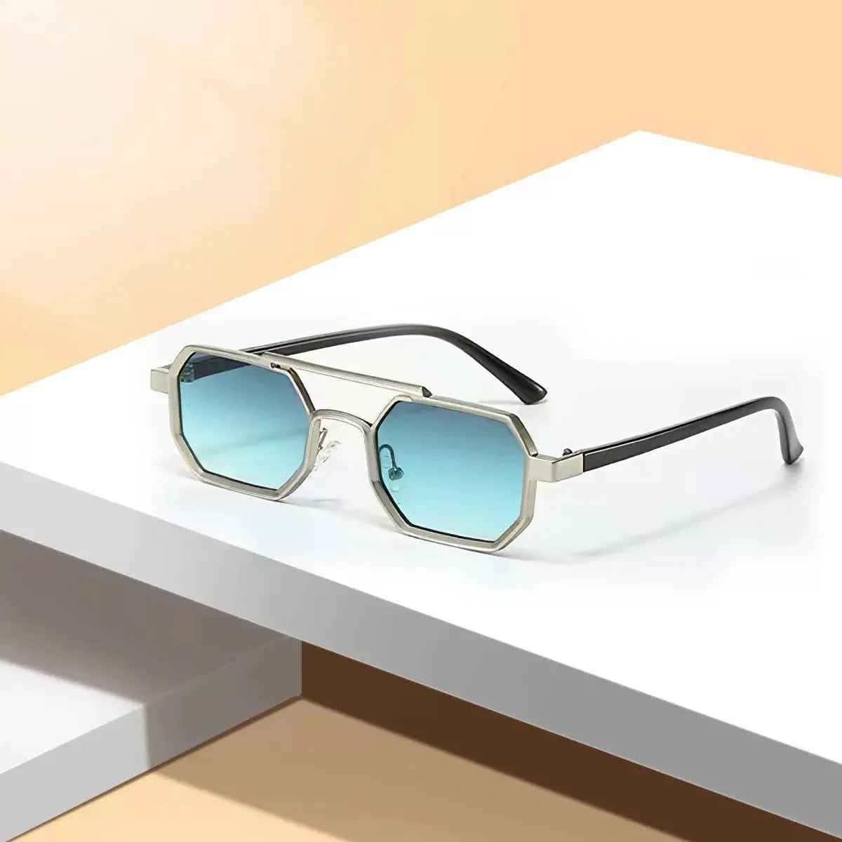 Stylish Metal Sunglasses with Dual-Tone Frame - Gradient Blue Lenses, Square Shape, Modern Fashion Accessory